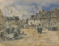 Marché à Landerneau by Eugène Boudin, Aquarelle sur papier titré en bas à gauche et monogrammé en bas à droite, sold Dec 2025