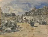 Marché à Landerneau by Eugène Boudin, Aquarelle sur papier titré en bas à gauche et monogrammé en bas à droite, sold Dec 2025