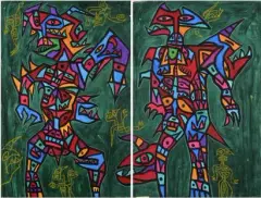 Personnage sur fond vert dyptique by Pejman Ebadi, Acrylique et crayon gras sur papier marouflé sur toile Chaque, sold Oct 2025