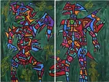 Personnage sur fond vert dyptique by Pejman Ebadi, Acrylique et crayon gras sur papier marouflé sur toile Chaque, sold Oct 2025