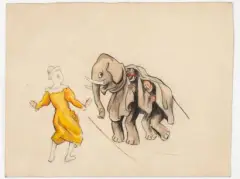 Au cirque les clowns déguisés en éléphant by Fernand Fernel, Fusain et aquarelle sur papier, sold Jul 2026