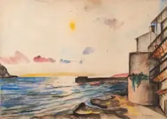 Petit port en bord de mer by Jean du Marboré, 1927, Aquarelle et crayons de couleurs sur papier marouflé sur carton, sold Jul 2026