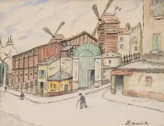 Montmartre, rue du moulin de la Galette, animée de personnages by Élisée Maclet, Encre et aquarelle sur papier, sold Jul 2026