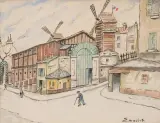 Montmartre, rue du moulin de la Galette, animée de personnages by Élisée Maclet, Encre et aquarelle sur papier, sold Jul 2026