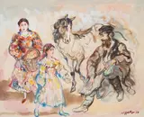 Maréchal ferrant, cheval et deux jeunes filles by Walter Spitzer, 1989, Gouache sur papier, sold Jul 2026
