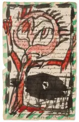 Sans titre by Pierre Alechinsky, 1983, Encre et aquarelle sur manuscrit collé dans les angles sur carton, sold Jun 2026