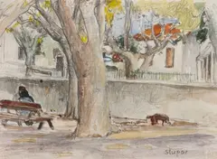 Couple assis sur un banc sous un arbre by Marko Stupar, Mine de plomb et aquarelle sur papier, sold Apr 2026
