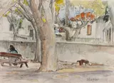 Couple assis sur un banc sous un arbre by Marko Stupar, Mine de plomb et aquarelle sur papier, sold Apr 2026