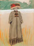 Élégante au bord de l'eau by Tony Minartz, Aquarelle, gouache et fusain, sold Nov 2024