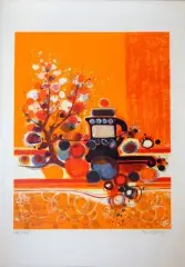 Cafetière noire sur fond rouge by Frédéric Menguy, Lithographie en couleurs sur papier, sold Oct 2026