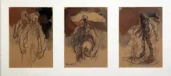 Trois personnages, trois œuvres sous un même encadrement by Mohammed Kacimi, Crayon, encre et aquarelle sur papier, l'œuvre du centre, sold Aug 2026