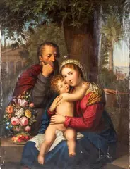 Le repos de la Sainte Famille pendant la fuite en Égypte by Bernhard von Guérard, Toile d'origine, sold Apr 2026