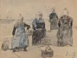 Bretonnes et leur panier sur les quais by Eugène Boudin, Crayon et aquarelle portant le timbre bleu monogramme (Lugt, sold Apr 2026