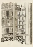 Immeubles haussmanniens vus depuis une fenêtre by Pierre Charbonnier, Plume, encre, lavis d'encre, fusain et rehauts de gouache sur papier, sold Apr 2022