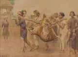 Retour de chasse au tigre dans le Tonkin by Gustave Surand, Aquarelle sur papier encadrée signée en bas à gauche, sold Mar 2022