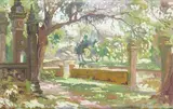 Entrée d'une pagode by Jos Henri Ponchin, Gouache sur carton encadrée signée en bas à droite, sold Mar 2022