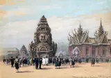 Pylônes d'Angkor Cambodge - Tour d'Angkor Thom, Exposition coloniale Internationale, Paris 1931 by René Ligeron, Pierre noire et gouache sur papier vergé marouflé sur carton, sold Oct 2021