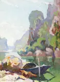 Vue près de la grotte de la Surprise. Baie d'Along by Jos Henri Ponchin, Gouache sur carton encadrée signée en bas à gauche, sold Mar 2021