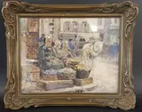 Scène de marché by Eugène Villon, Aquarelle signée en bas à gauche, sold Apr 2026