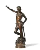 David vainqueur de Goliath, écrasant sa tête sous son pied droit by Antonin Mercié, Bronze à patine brune, base circulaire, sold Mar 2026