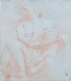 Étude de jeune homme assis tenant une couronne Au verso : Studies of hand and head by Giovanni Giacomo Barbelli, Sanguine sur papier bleu Étude de jeune homme assis tenant une couronne Au verso : Etudes, sold Jan 2022