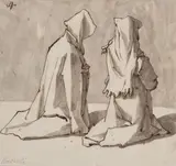 Two hooded men praying, seen from behind Pen, black ink, brown wash Inscription au crayon en bas à gauche et by Andrea Boscoli, Plume, encre brune, lavis brun Annoté en bas à gauche, au crayon et numéroté, sold Jan 2022