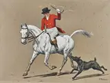 Cavalier et chien by Francisque Rebour, Gouache signée en bas à droite, sold Feb 2025