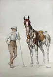 Joueuse de polo et cheval pie by Francisque Rebour, Gouache signée en bas à droite, sold Feb 2025
