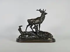 Cerf, biche et faon ou famille de cerf by Antoine-Louis Barye, Epreuve en bronze à patine brun nuancé, sold Feb 2025