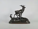 Cerf, biche et faon ou famille de cerf by Antoine-Louis Barye, Epreuve en bronze à patine brun nuancé, sold Feb 2025
