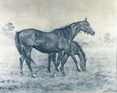 Jument et son poulain by Xavier de Poret, Lithographie signée en bas à droite et justifiée, sold Dec 2024
