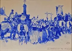 La bénédiction des chevaux by Mathurin Méheut, Gouache et aquarelle en camaïeu de bleus titrée et monogrammée en bas à droite, sold Dec 2024