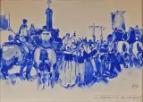 La bénédiction des chevaux by Mathurin Méheut, Gouache et aquarelle en camaïeu de bleus titrée et monogrammée en bas à droite, sold Dec 2024