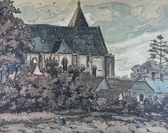 Derrière l'église by Jan Peszke, Encre, lavis d'encre et aquarelle signée en bas à gauche, sold Dec 2024