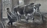 Taureau à l'étable by Raimond Lecourt, Encre, lavis et rehauts de gouache sur traits de crayon, sold Oct 2024