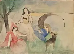 Trois jeunes filles et un chien près d'un pont by Marie Laurencin, Aquarelle signée en bas à droite, sold Oct 2024