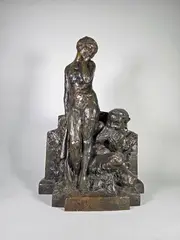 Nymphe et faune by Albert-Louis Chartier, Epreuve en bronze à patine brun nuancé, sold Oct 2024