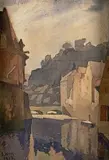 Vue du quartier du Grund de Luxembourg ville by Sosthène Weis, 1923, Aquarelle signée et datée en bas à gauche, sold Jun 2024