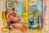 Scène d'intérieur by Marcel Mouly, 1974, Aquarelle signée et datée en bas à droite, sold Jun 2024
