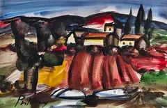 Maisons au coucher de soleil by Franz Priking, Gouache, encre et aquarelle signée en bas à gauche, sold Jun 2024