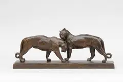 Deux panthères se lèchant by André Vincent Becquerel, Epreuve en bronze, fonte d'édition à patine brun mordoré, sold Nov 2018