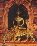 Les tigres auprès de la statue de Bouddha by André Margat, 1944, Panneau peint et laqué signé et daté, sold Nov 2018