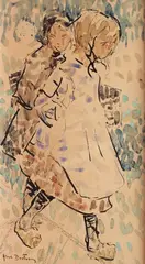 Deux fillettes marchant by Abel Bertram, Aquarelle signée en bas à gauche, sold Oct 2018