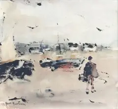 Pêcheurs et voiliers échoués dans le petit port breton by Abel Bertram, Aquarelle et encre de Chine signée en bas à gauche, sold Oct 2018