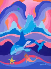 Home of the Orca by Ted Harrison, 1995, acrylic on canvas, sold Sep 2025