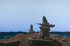 Inukshuk on Ferguson Lake by Ken Kirkby, acrylic on canvas, sold Sep 2025