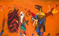 Conjurer by Jack Shadbolt, 1985, acrylic on canvas, sold Sep 2025