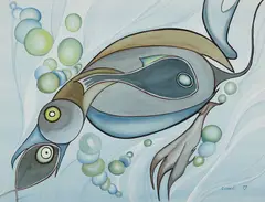 Loon & Fish by Eddy Cobiness, 1975, watercolour on paper, sold Aug 2025