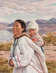 Young Eskimo Mother by Anna T Noeh, 1986, acrylic on board, sold Aug 2025