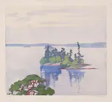 Cathcart's Island, Muskoka by Walter J. Phillips, colour woodcut on paper, sold Aug 2025